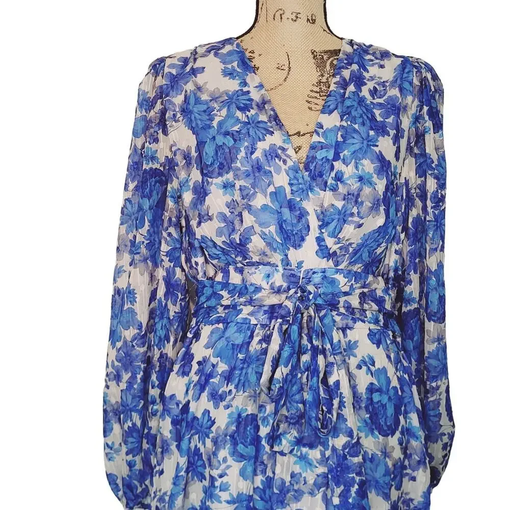 Alex Marie Simone Cobalt Floral Print Puff Sleeve Tiered V-neck Dress 18W NWT - Picture 3 of 14